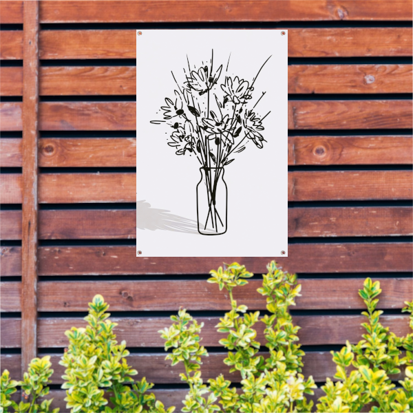 Eenvoudige bloemen in vaas lijntekening tuinposter