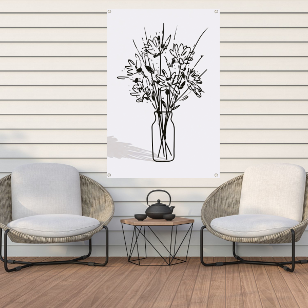 Eenvoudige bloemen in vaas lijntekening tuinposter