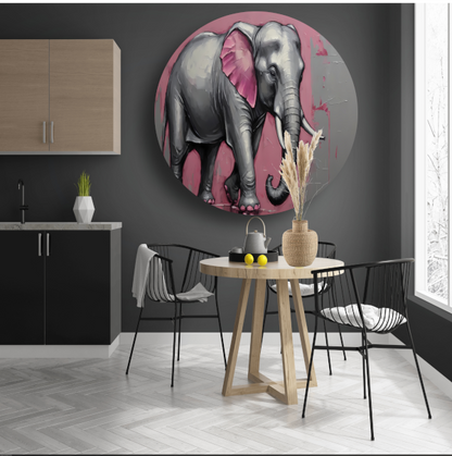 Abstracte olifant in zilver en roze aluminium muurcirkel