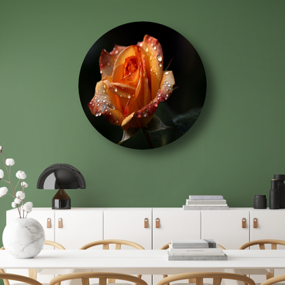 Roos met waterdruppels in close-up aluminium muurcirkel