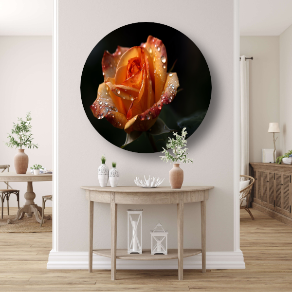 Roos met waterdruppels in close-up aluminium muurcirkel