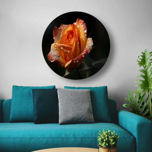 Roos met waterdruppels in close-up aluminium muurcirkel