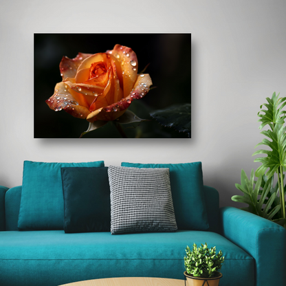 Roos met waterdruppels in close-up canvas met baklijst