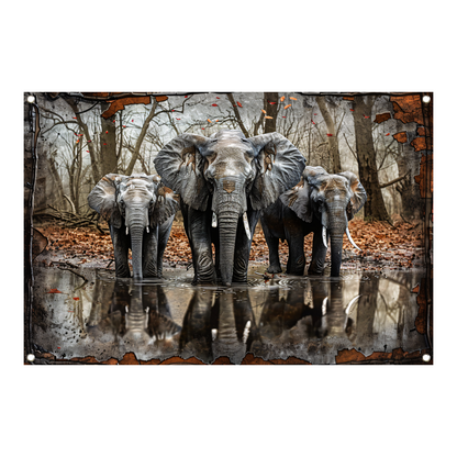 Olifanten met Waterreflectie in Boslandschap tuinposter