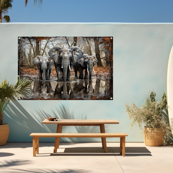 Olifanten met Waterreflectie in Boslandschap tuinposter