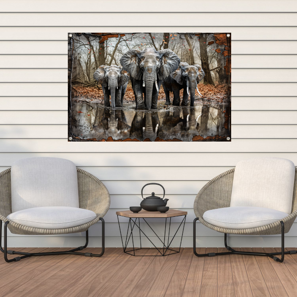 Olifanten met Waterreflectie in Boslandschap tuinposter