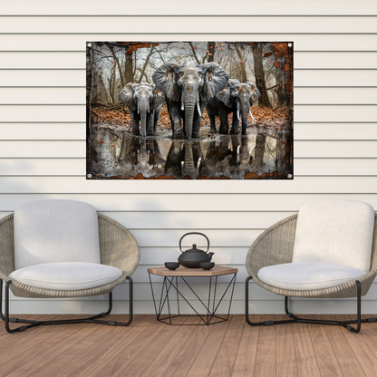 Olifanten met Waterreflectie in Boslandschap tuinposter