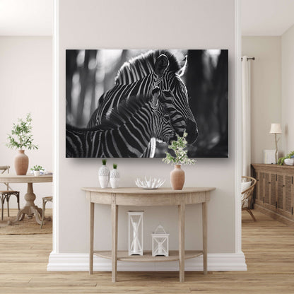 Intiem moment tussen zebra moeder en jong poster