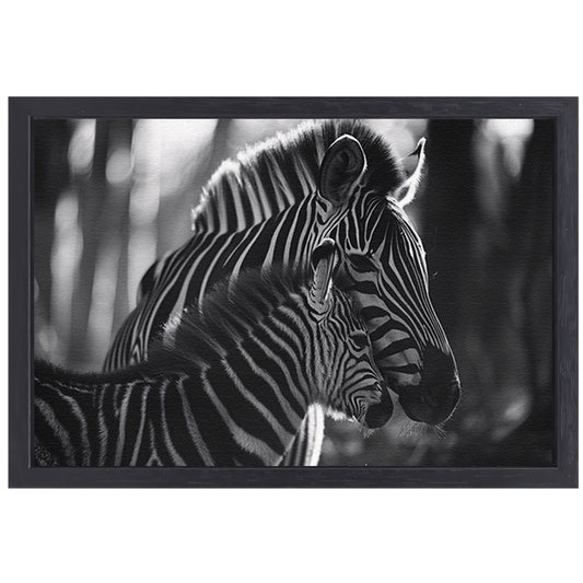 Intiem moment tussen zebra moeder en jong canvas met baklijst