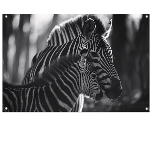 Intiem moment tussen zebra moeder en jong tuinposter