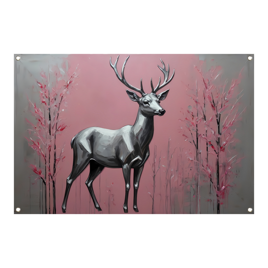 Zilveren hert in roze abstract bos tuinposter