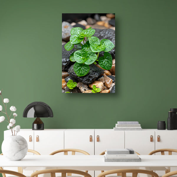 Jonge groene plant tussen stenen canvas met baklijst