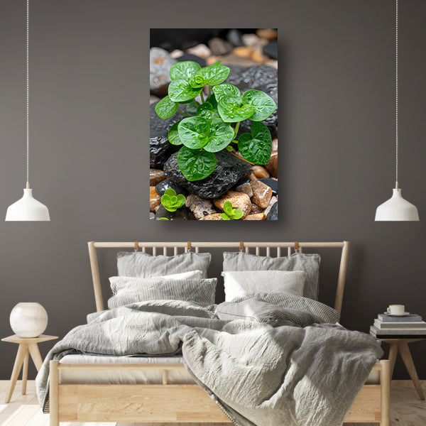 Jonge groene plant tussen stenen canvas met baklijst