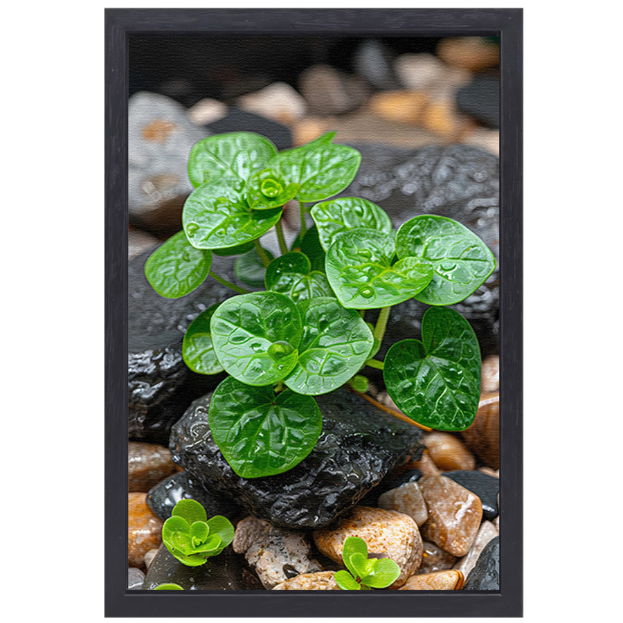Jonge groene plant tussen stenen canvas met baklijst