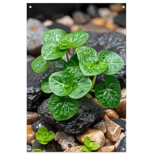 Jonge groene plant tussen stenen tuinposter