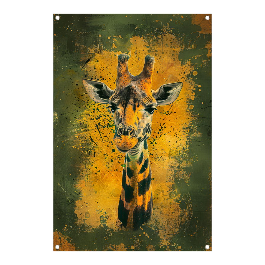 Kleurrijk giraffeportret met dynamische achtergrond tuinposter