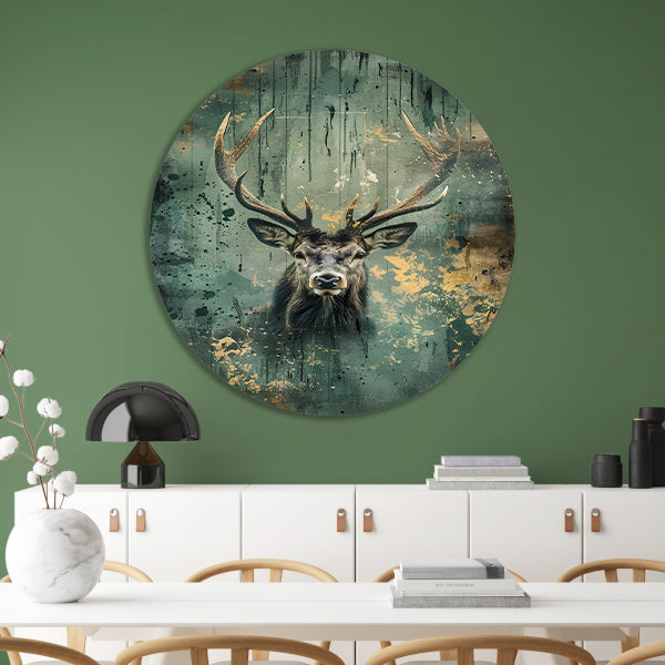 Hert met abstracte achtergrond in groen en goud aluminium muurcirkel