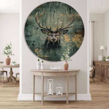 Hert met abstracte achtergrond in groen en goud aluminium muurcirkel
