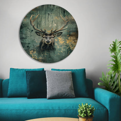 Hert met abstracte achtergrond in groen en goud aluminium muurcirkel