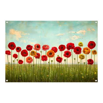 Levendige bloemen tegen blauwe lucht tuinposter