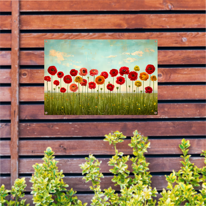 Levendige bloemen tegen blauwe lucht tuinposter
