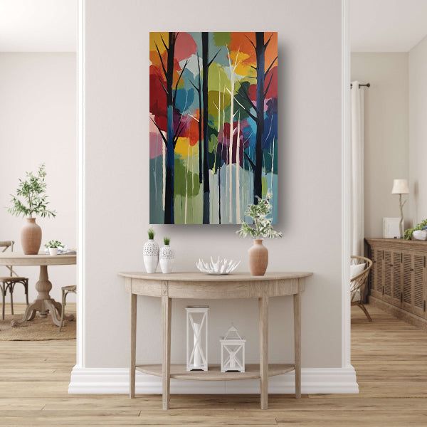 Bosgezicht in Abstracte Kleurenpracht canvas met baklijst