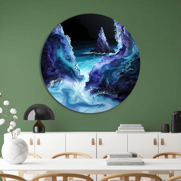 Abstract zeelandschap met zeilboot in kleuren aluminium muurcirkel