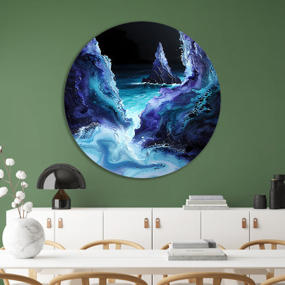 Abstract zeelandschap met zeilboot in kleuren aluminium muurcirkel