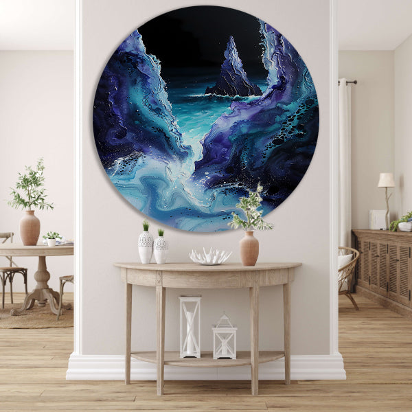 Abstract zeelandschap met zeilboot in kleuren aluminium muurcirkel