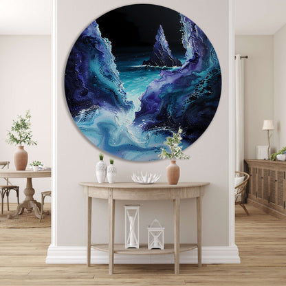 Abstract zeelandschap met zeilboot in kleuren aluminium muurcirkel