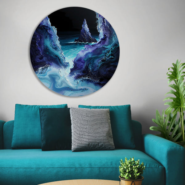 Abstract zeelandschap met zeilboot in kleuren aluminium muurcirkel