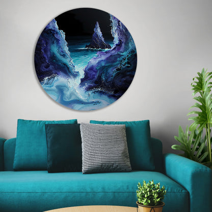 Abstract zeelandschap met zeilboot in kleuren aluminium muurcirkel