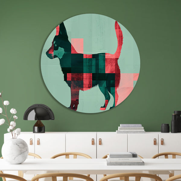 Abstracte kleurrijke hond in geometrische vlakken aluminium muurcirkel