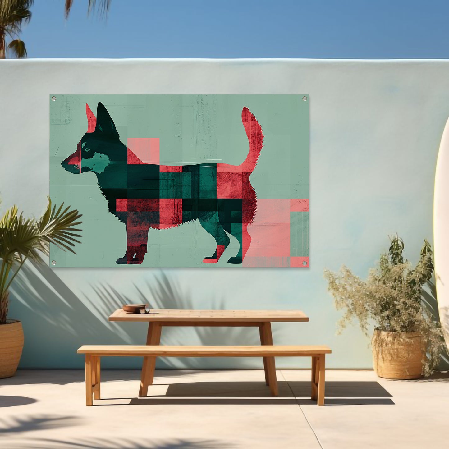 Abstracte kleurrijke hond in geometrische vlakken tuinposter