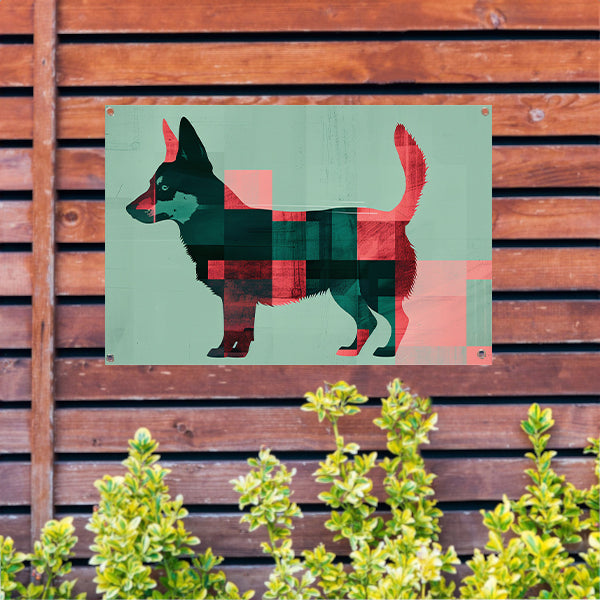 Abstracte kleurrijke hond in geometrische vlakken tuinposter