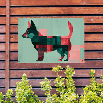 Abstracte kleurrijke hond in geometrische vlakken tuinposter