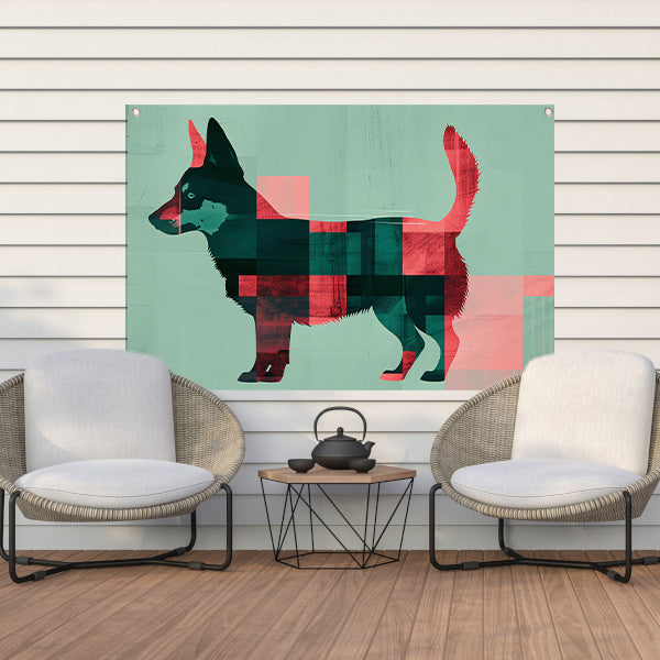 Abstracte kleurrijke hond in geometrische vlakken tuinposter