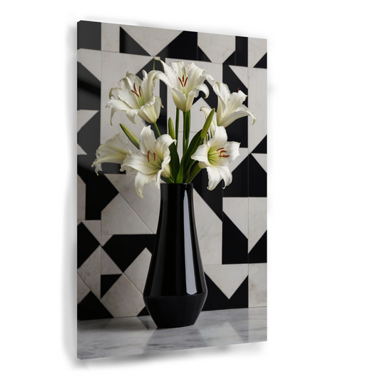 Stijlvolle Lelies in Zwart-witte Geometrische Setting Acrylglas
