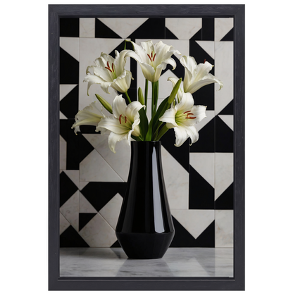 Stijlvolle Lelies in Zwart-witte Geometrische Setting canvas met baklijst