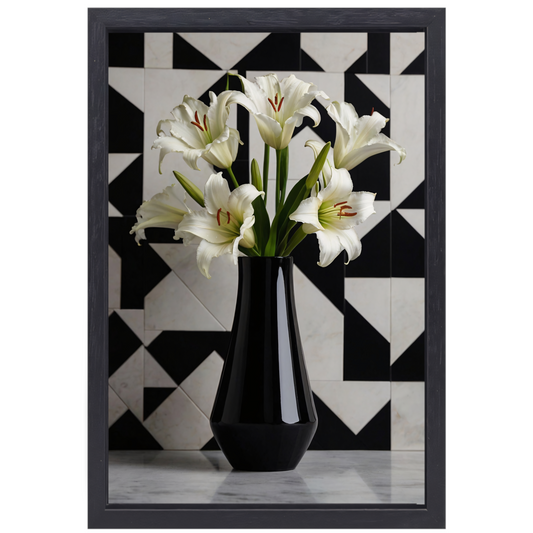 Stijlvolle Lelies in Zwart-witte Geometrische Setting canvas met baklijst