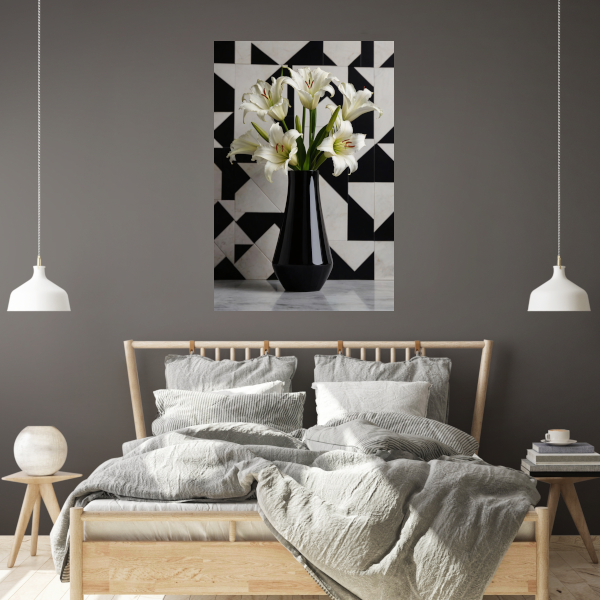 Stijlvolle Lelies in Zwart-witte Geometrische Setting poster