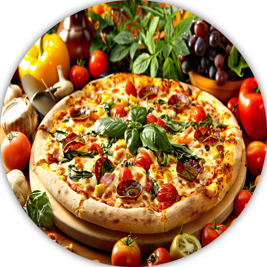 Ambachtelijke pizza met verse kruiden en groenten aluminium muurcirkel