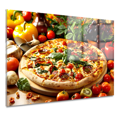 Ambachtelijke pizza met verse kruiden en groenten acrylglas