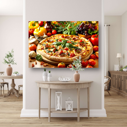 Ambachtelijke pizza met verse kruiden en groenten canvas