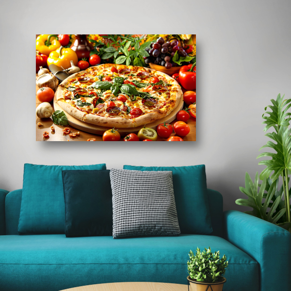 Ambachtelijke pizza met verse kruiden en groenten canvas