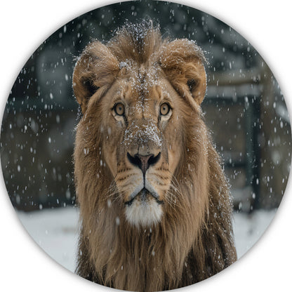 Majestueuze Leeuw in Sneeuwbedekte Wildernis aluminium muurcirkel