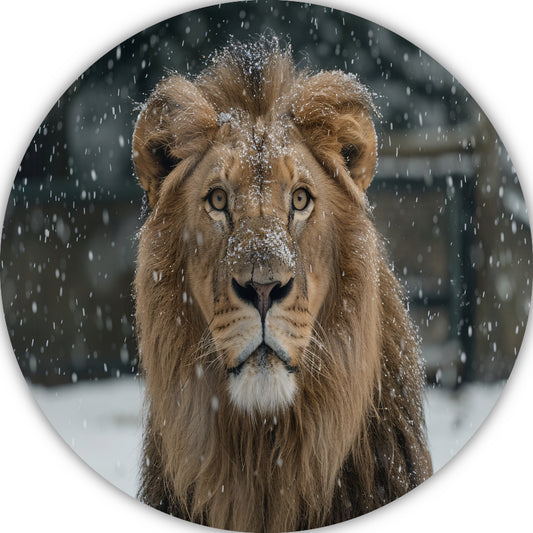 Majestueuze Leeuw in Sneeuwbedekte Wildernis aluminium muurcirkel