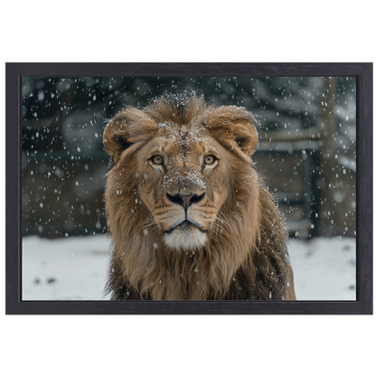 Majestueuze Leeuw in Sneeuwbedekte Wildernis canvas met baklijst