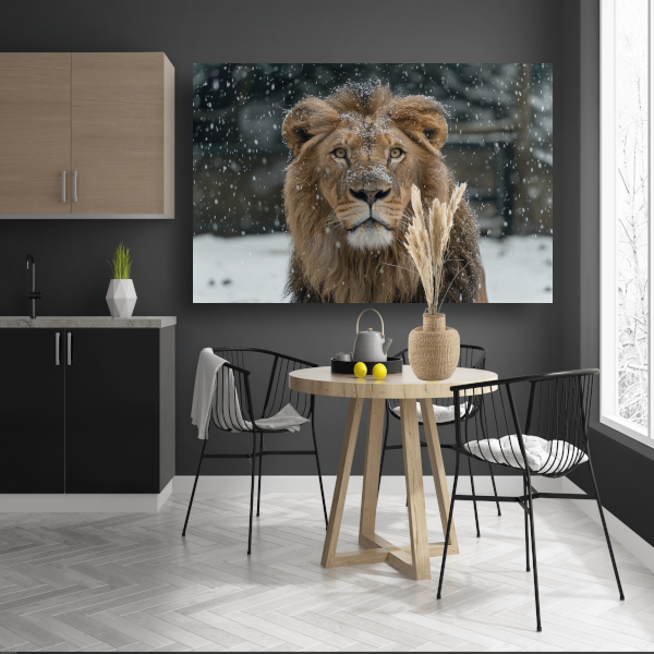 Majestueuze Leeuw in Sneeuwbedekte Wildernis canvas met baklijst
