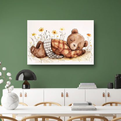Schattige slapende beer in bloemenveldcanvas